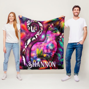 Whimsical Abstract Kitty Cat Floral Personalized Fleece Blanket