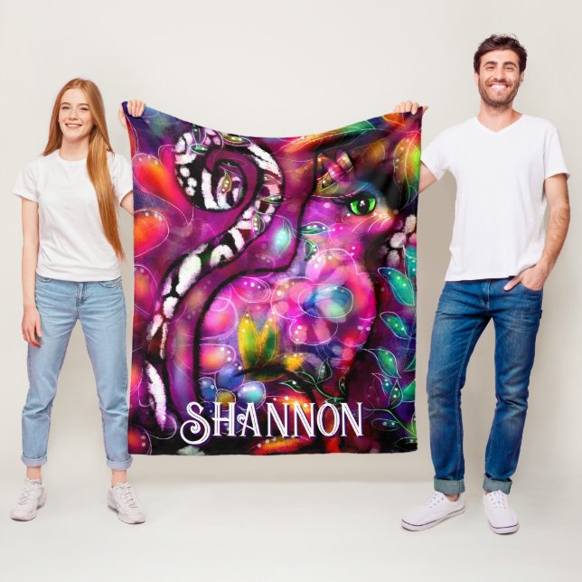 Whimsical Abstract Kitty Cat Floral Personalized Fleece Blanket (In Situ)