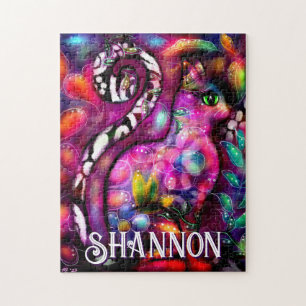 Whimsical Abstract Kitty Cat Floral Personalized Jigsaw Puzzle