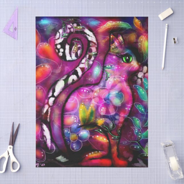 Whimsical Abstract Kitty Cat Floral Red Decoupage Tissue Paper (Craft)