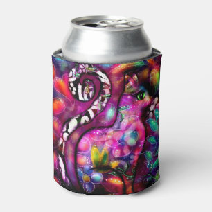 Whimsical Abstract Kitty Cat Floral Red Green Pink Can Cooler