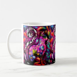 Whimsical Abstract Kitty Cat Floral Red Green Pink Coffee Mug