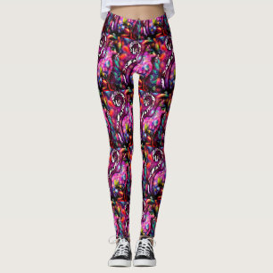 Whimsical Abstract Kitty Cat Floral Red Green Pink Leggings