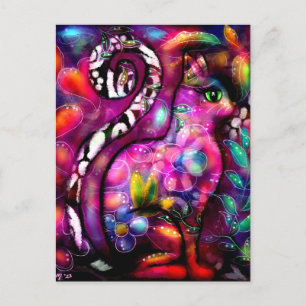 Whimsical Abstract Kitty Cat Floral Red Green Pink Postcard