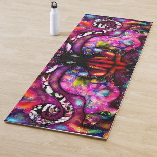 Whimsical Abstract Kitty Cat Floral Red Green Pink Yoga Mat