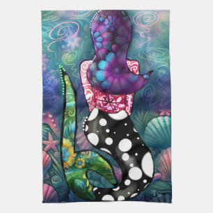 Whimsical Abstract Mermaid Nautical Teal Seashells Kitchen Towel