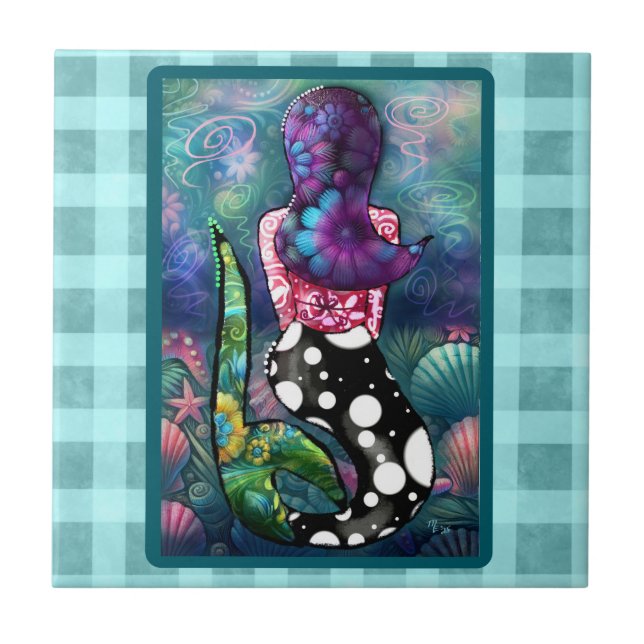Whimsical Abstract Mermaid Nautical Teal Seashells Tile (Front)