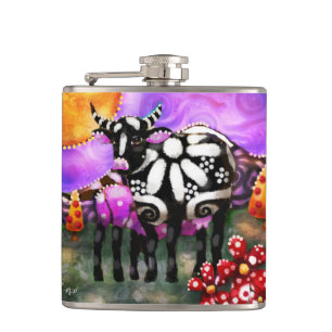 Whimsical Abstract Momma & Baby Cow Funky Farm Hip Flask