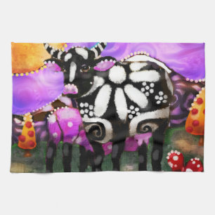 Whimsical Abstract Momma & Baby Cow Funky Farm Kitchen Towel