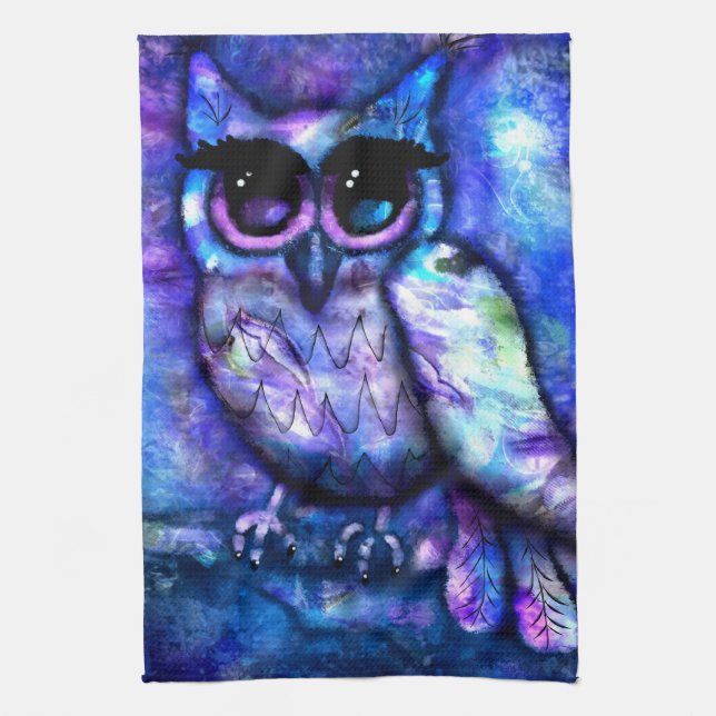 Whimsical Abstract Owl Big-Eyed Blue Purple Kitchen Towel (Vertical)