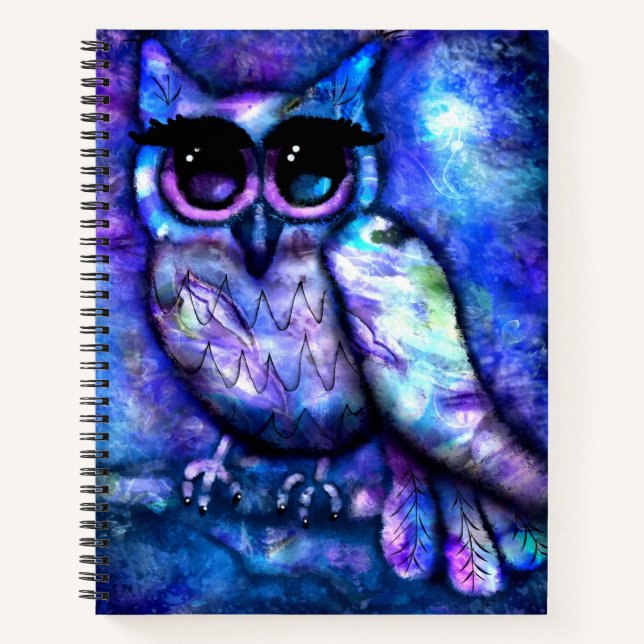 Whimsical Abstract Owl Big-Eyed Blue Purple Notebook (Front)