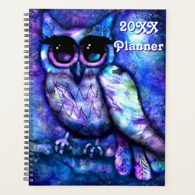 Whimsical Abstract Owl Big-Eyed Blue Purple Planner (Front)
