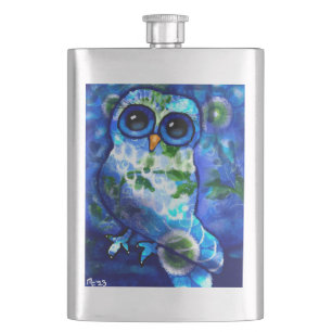 Whimsical Abstract Owl Blue Floral Teal Blue Green Hip Flask