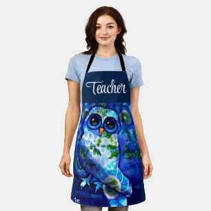 Whimsical Abstract Owl Blue Green Floral Apron