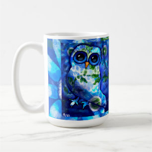 Whimsical Abstract Owl Blue Green Floral  Coffee Mug