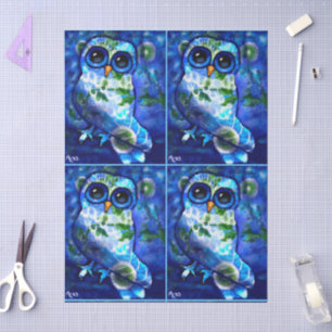 Whimsical Abstract Owl Blue Green Floral Decoupage Tissue Paper