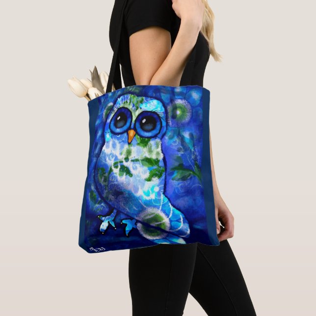 Whimsical Abstract Owl Blue Green Floral Flowers Tote Bag (Close Up)