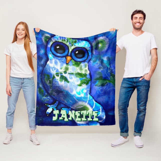 Whimsical Abstract Owl Blue Green Personalized Fleece Blanket (In Situ)