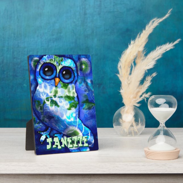 Whimsical Abstract Owl Blue Green Personalized Plaque (Side)