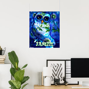 Whimsical Abstract Owl Blue Green Personalized Poster