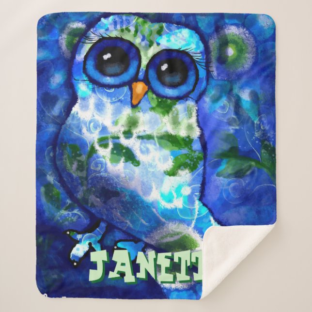 Whimsical Abstract Owl Blue Green Personalized Sherpa Blanket (Front)
