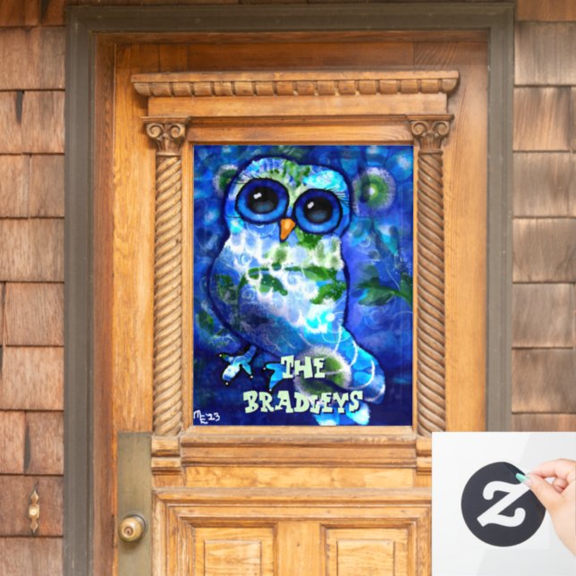 Whimsical Abstract Owl Blue Green Personalized Window Cling (Home Door)
