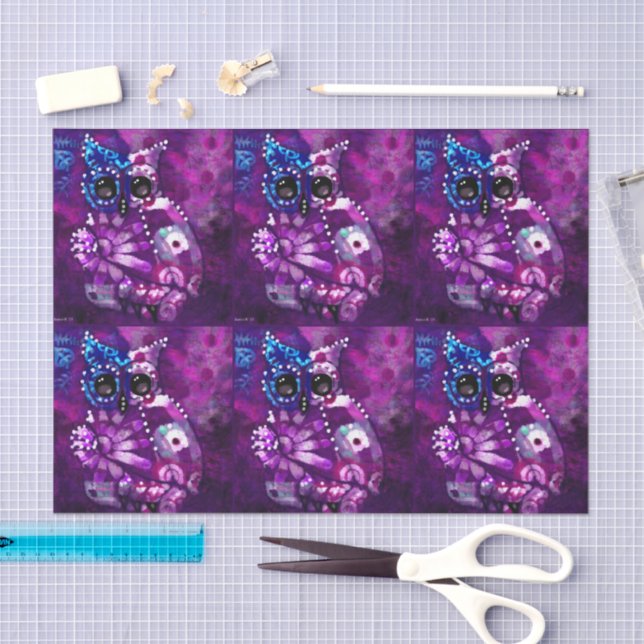 Whimsical Abstract Owl Purple Bird Decoupage Tissue Paper (Craft)