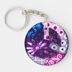 Whimsical Abstract Peace Sign Floral Purple Pink Keychain