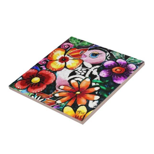 Whimsical Abstract Puffin Bird In Flowers Tile (Side)