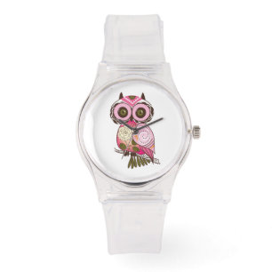 Whimsical Abstract Retro Pattern Pink Owl Watch