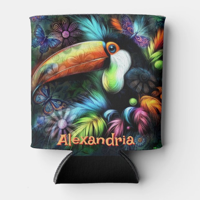 Whimsical Abstract Toucan Bird Personalized Can Cooler (Front)
