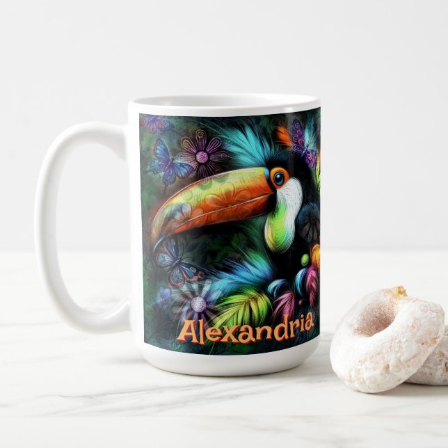 Whimsical Abstract Toucan Bird Personalized Coffee Mug (With Donut)