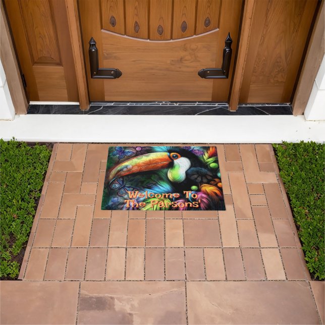 Whimsical Abstract Toucan Bird Personalized Doormat (Outdoor)