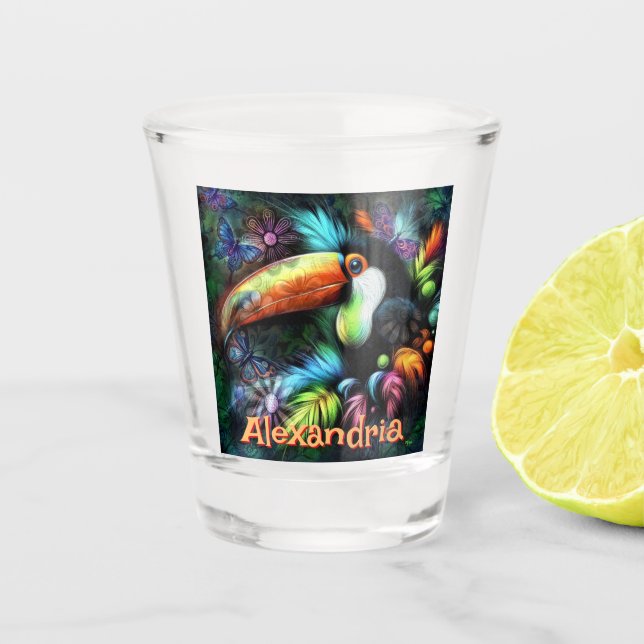 Whimsical Abstract Toucan Bird Personalized Shot Glass (Front)
