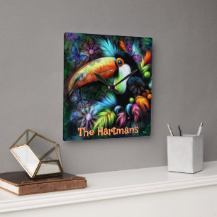 Whimsical Abstract Toucan Bird Personalized Square Wall Clock