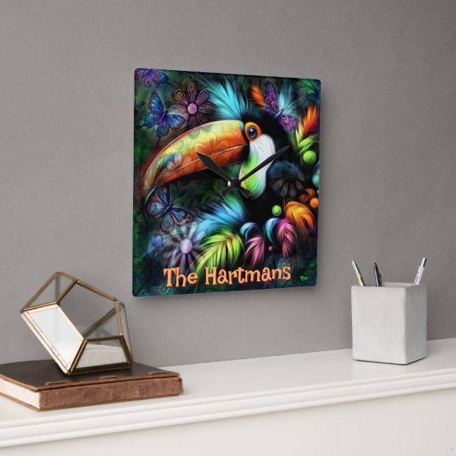 Whimsical Abstract Toucan Bird Personalized Square Wall Clock (Office)