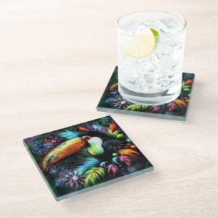 Whimsical Abstract Toucan Bird Toucans Teal Orange Glass Coaster