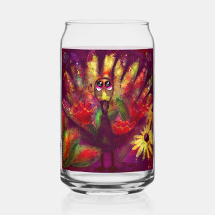 Whimsical Abstract Turkey Floral Red Yellow Can Glass