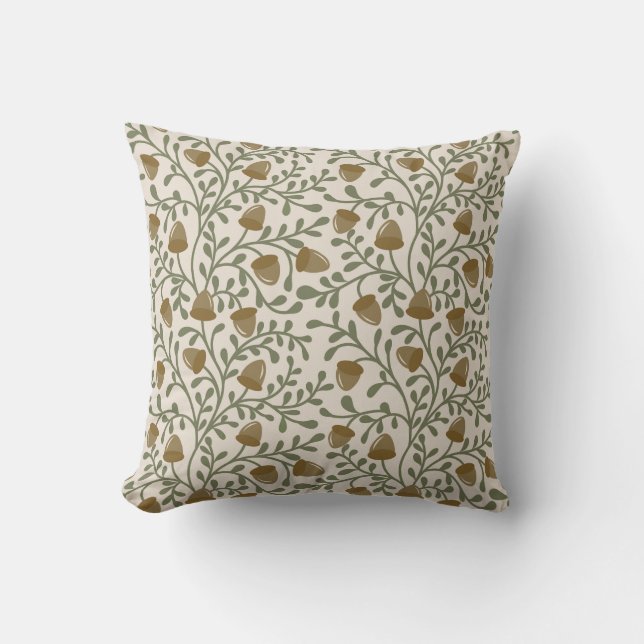 Whimsical Acorns and Leaves in Green and Brown on  Throw Pillow (Front)