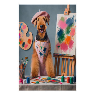 Whimsical Airedale Terrier Working as an Artist Poster