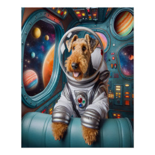 Whimsical Airedale Terrier Working as an Astronaut Poster