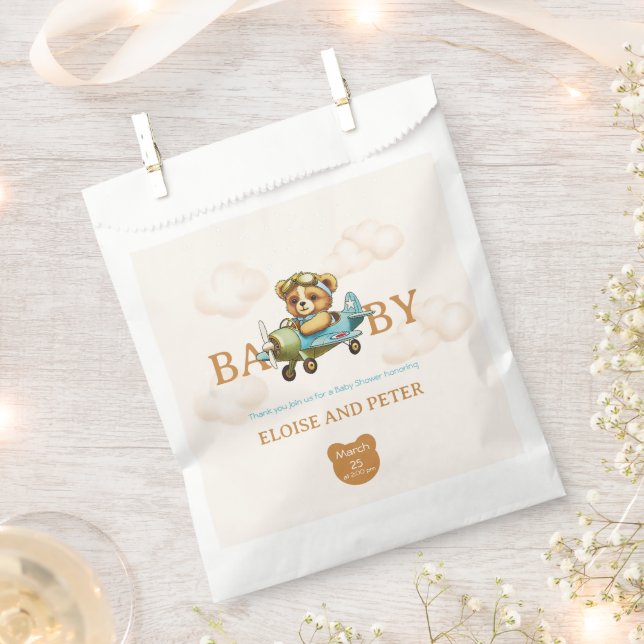 Whimsical Airplane Pilot Teddy Bear Baby Shower Favour Bag (Clipped)