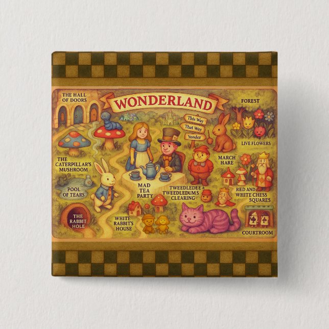 Whimsical Alice Adventures in Wonderland Map 2 Inch Square Button (Front)