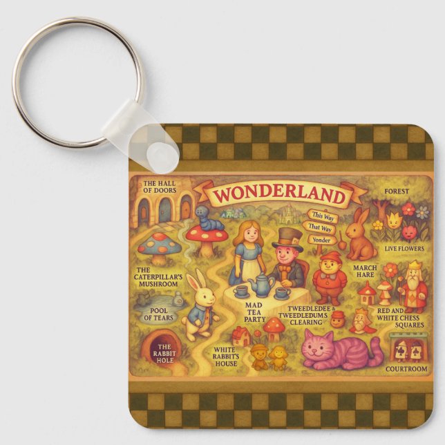 Whimsical Alice Adventures in Wonderland Map Keychain (Front)