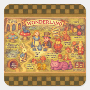 Whimsical Alice Adventures in Wonderland Map Square Sticker