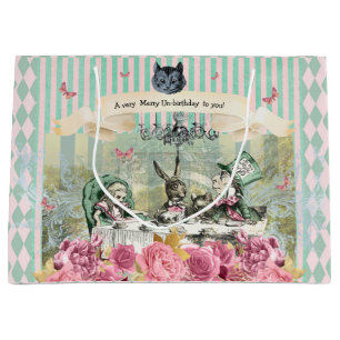 Whimsical Alice blue striped floral unbirthday Large Gift Bag