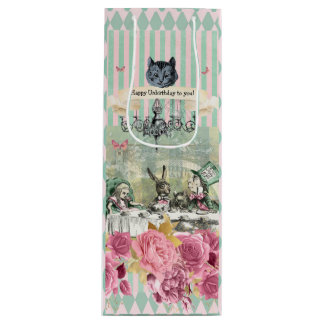 Whimsical Alice blue striped floral  Wine Gift Bag
