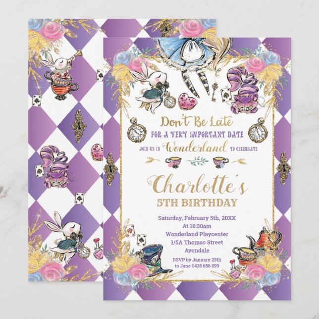 Whimsical Alice in Wonderland Birthday Tea Party Invitation (Front/Back)