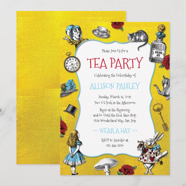 Whimsical Alice in Wonderland Gold Party Invitation (Front/Back)