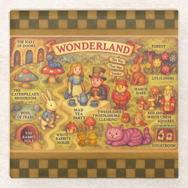 Whimsical Alice in Wonderland Map Glass Coaster (Front)